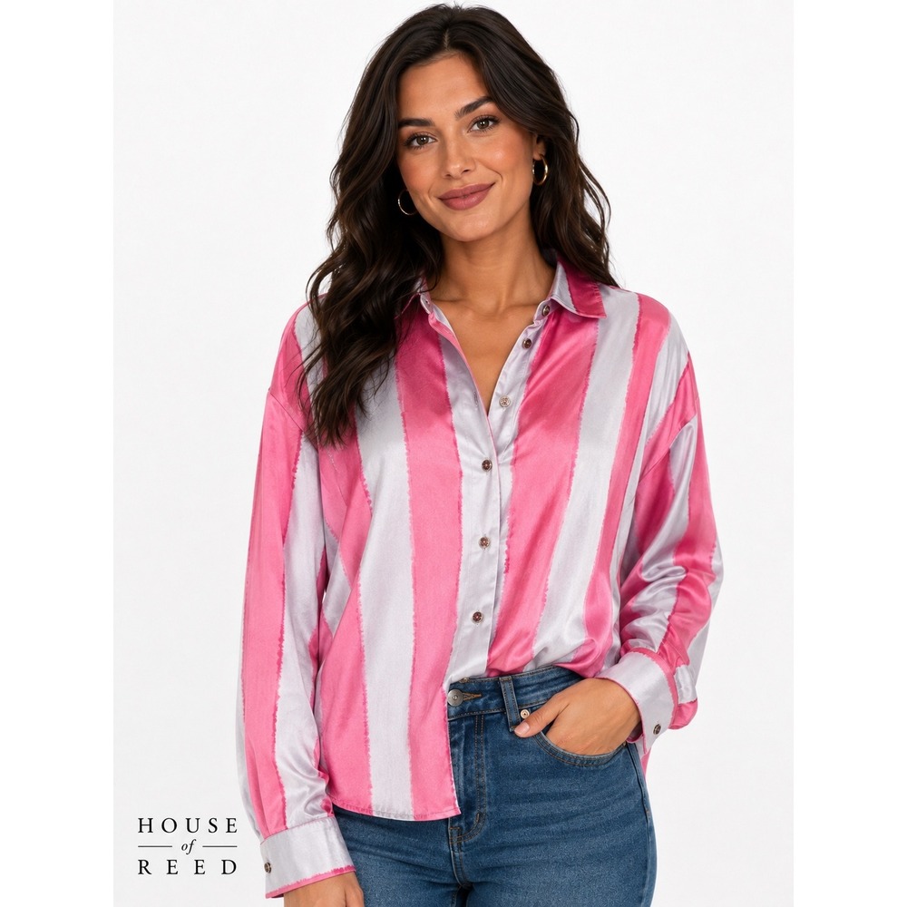 Entro Pink Silver Striped Satin Button Down Shirt Long Sleeve T19842 Womens M